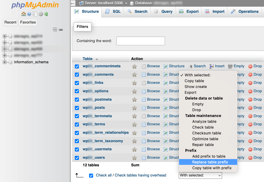 Change the WordPress Database Prefix frin phpMyAdmin