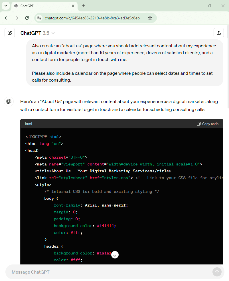 ChatGPT website creation - about us page prompt