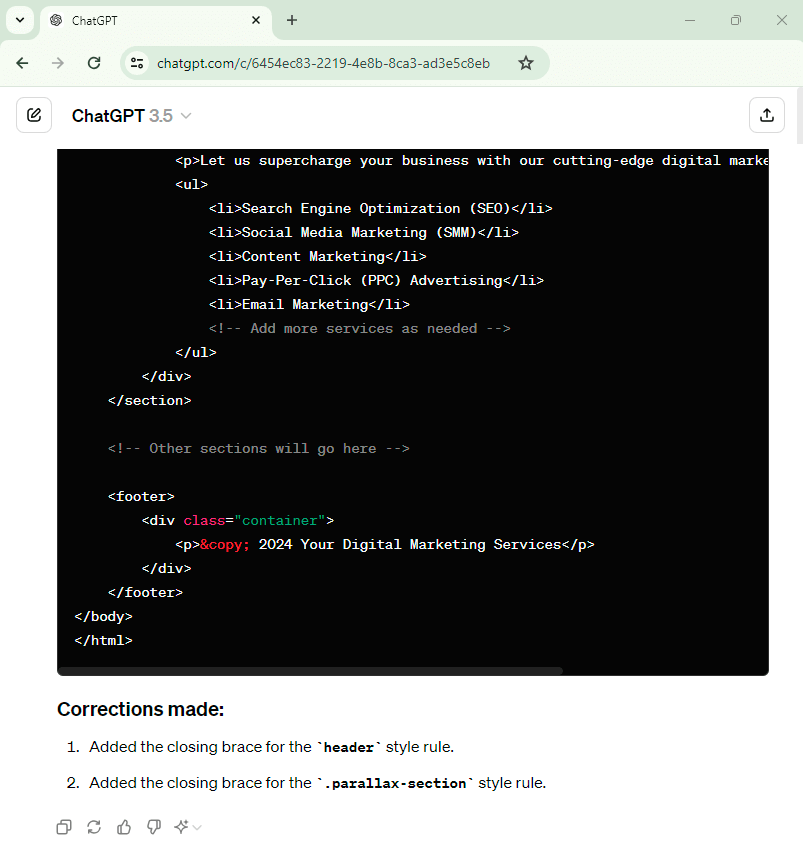 ChatGPT website creation - fix errors corrections