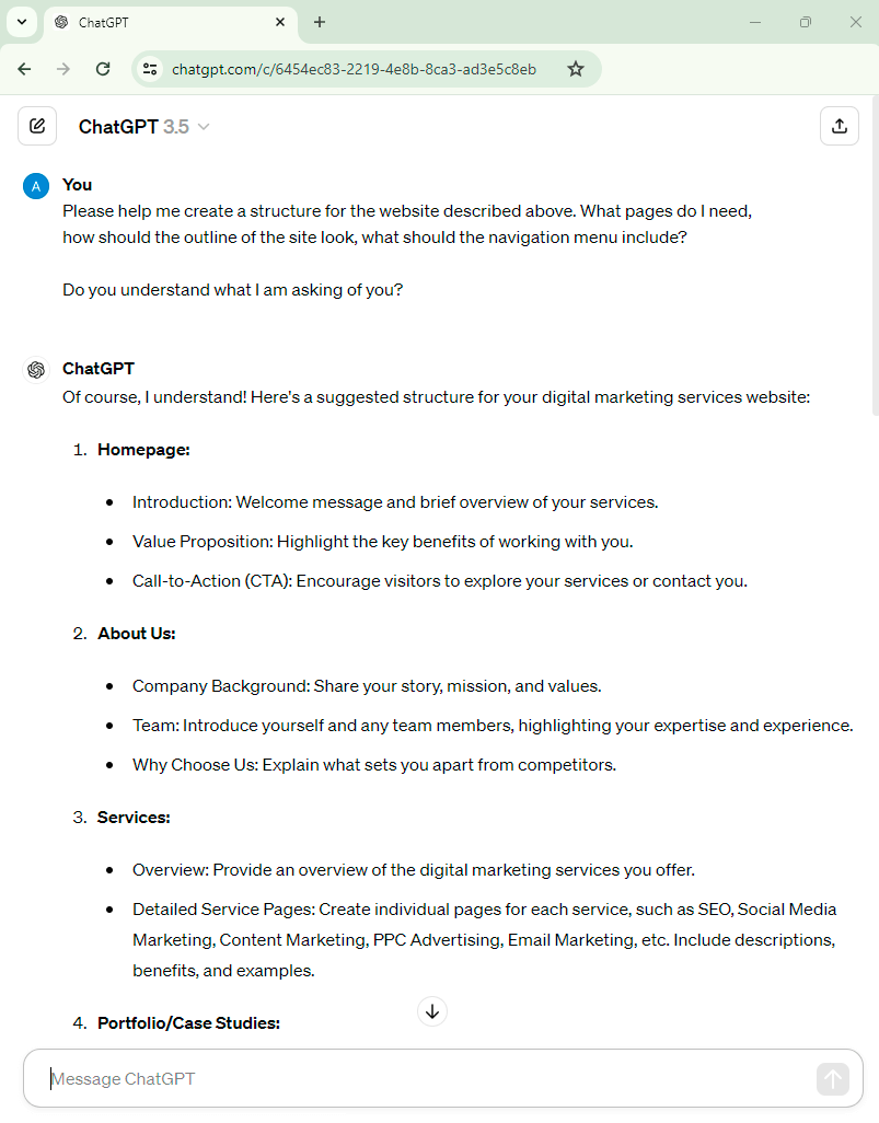 ChatGPT website creation - Outline