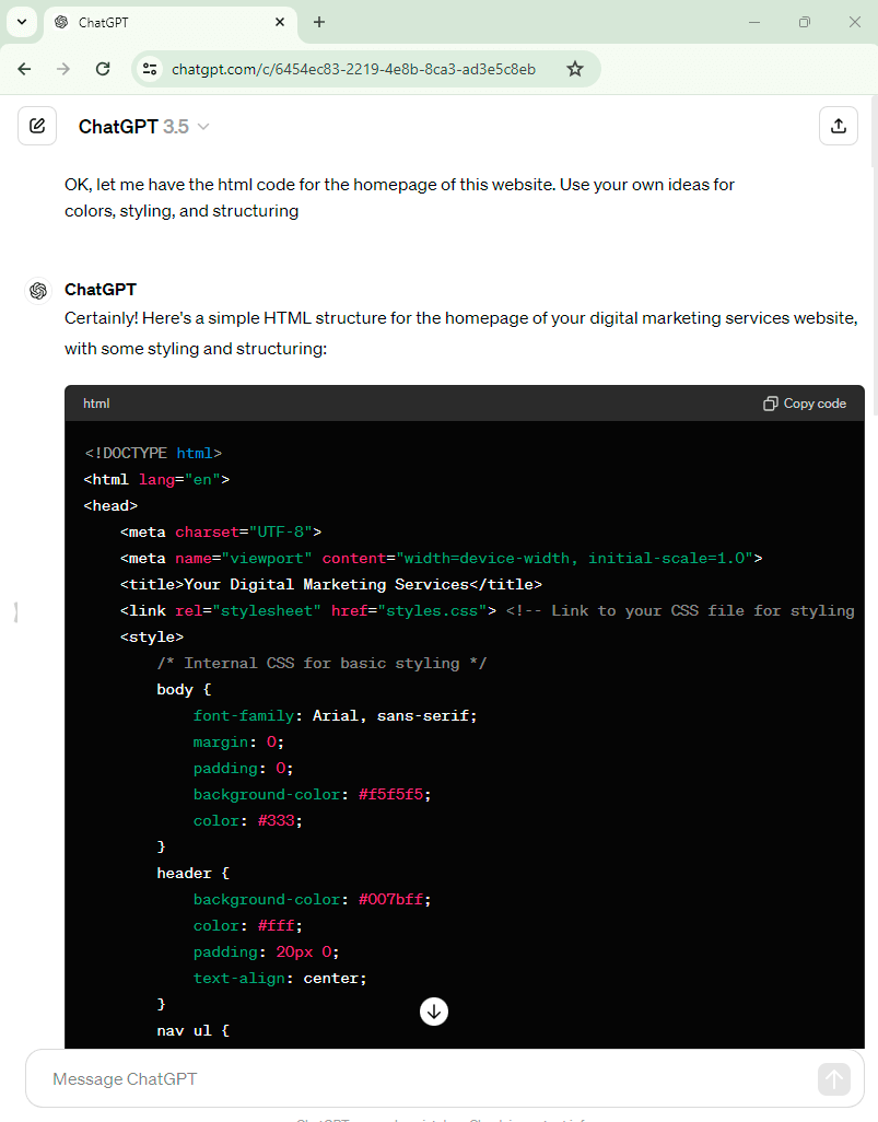 ChatGPT website creation - Styling homepage