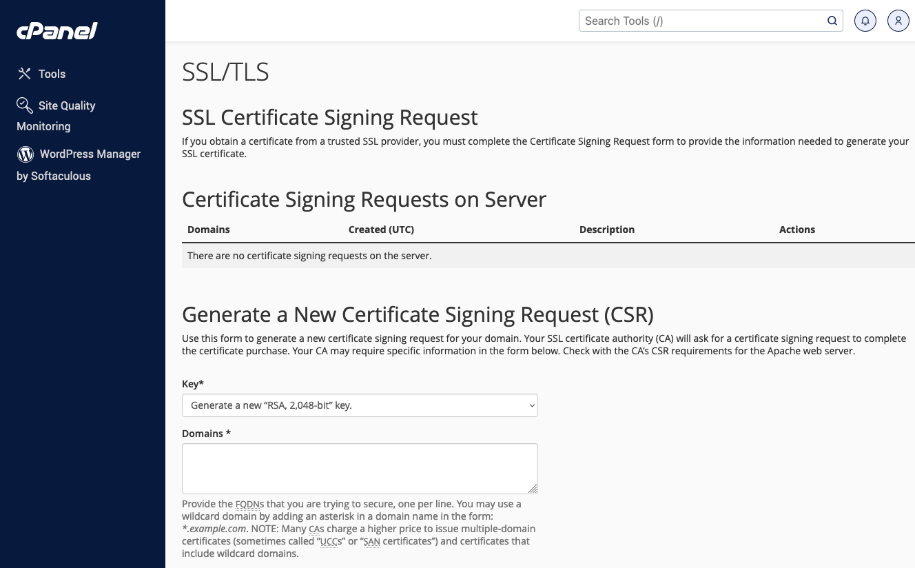 cPanel - Generate CSR