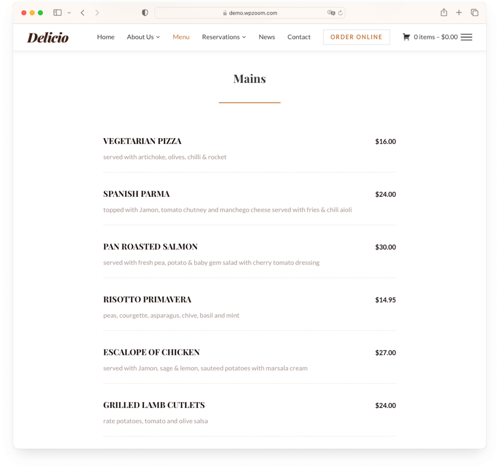 Delicio theme food menu