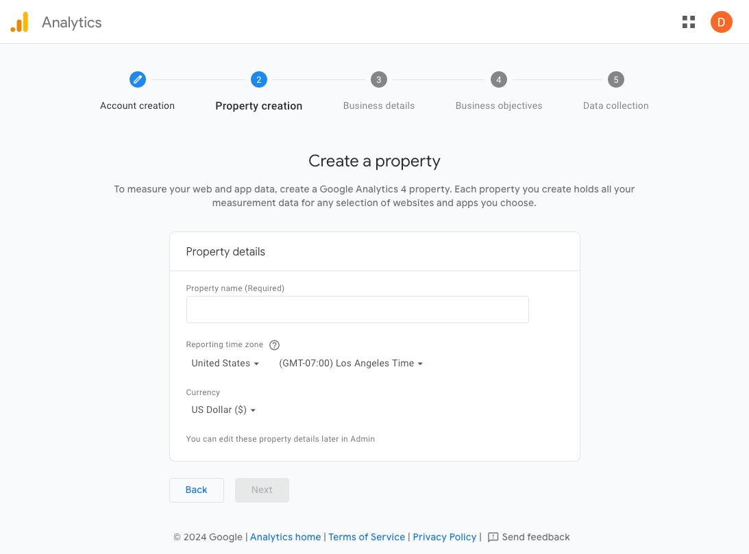 Google Analytics - create a property