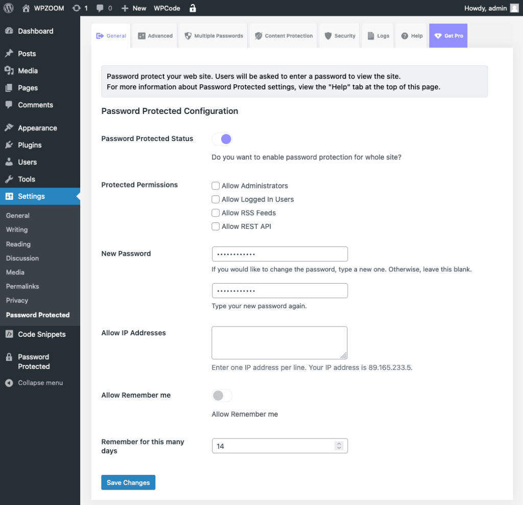 Password Protected plugin settings