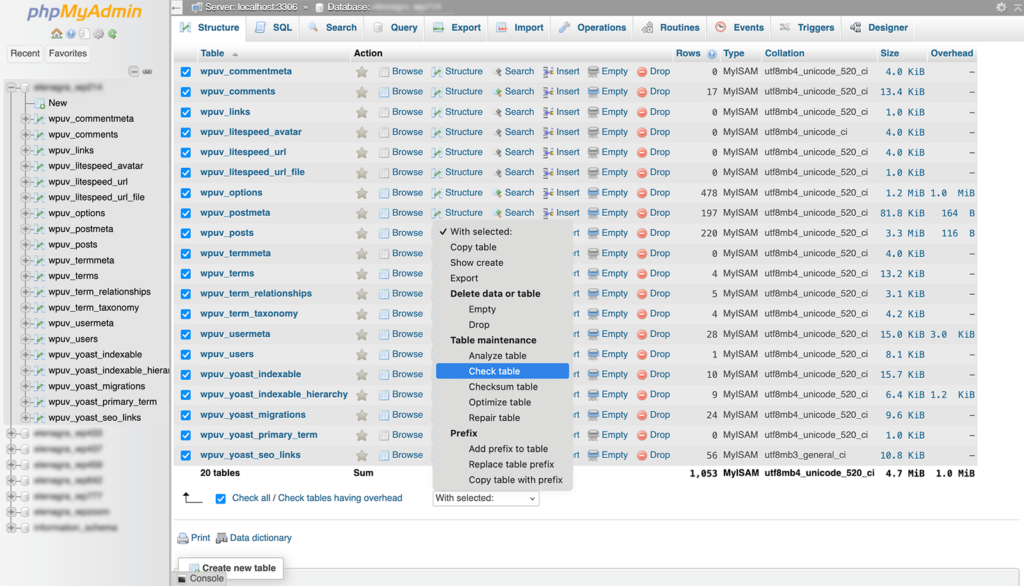 phpMyAdmin Check Table