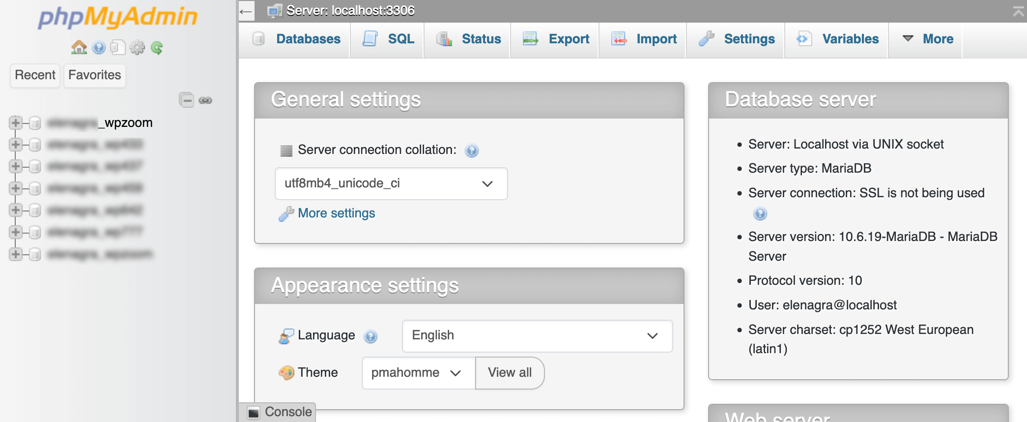 PHPMyAdmin databases