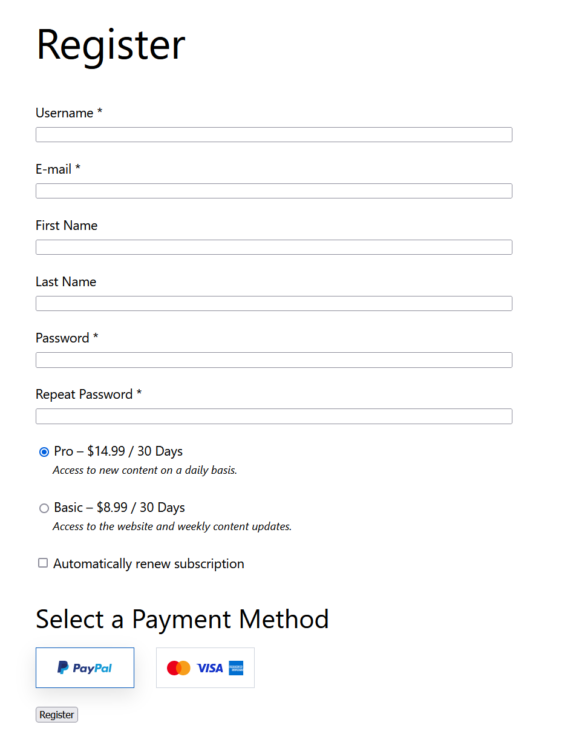 Subscriber registration form in Paid Member Subscriptions