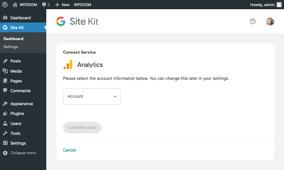 Site Kit - choose account