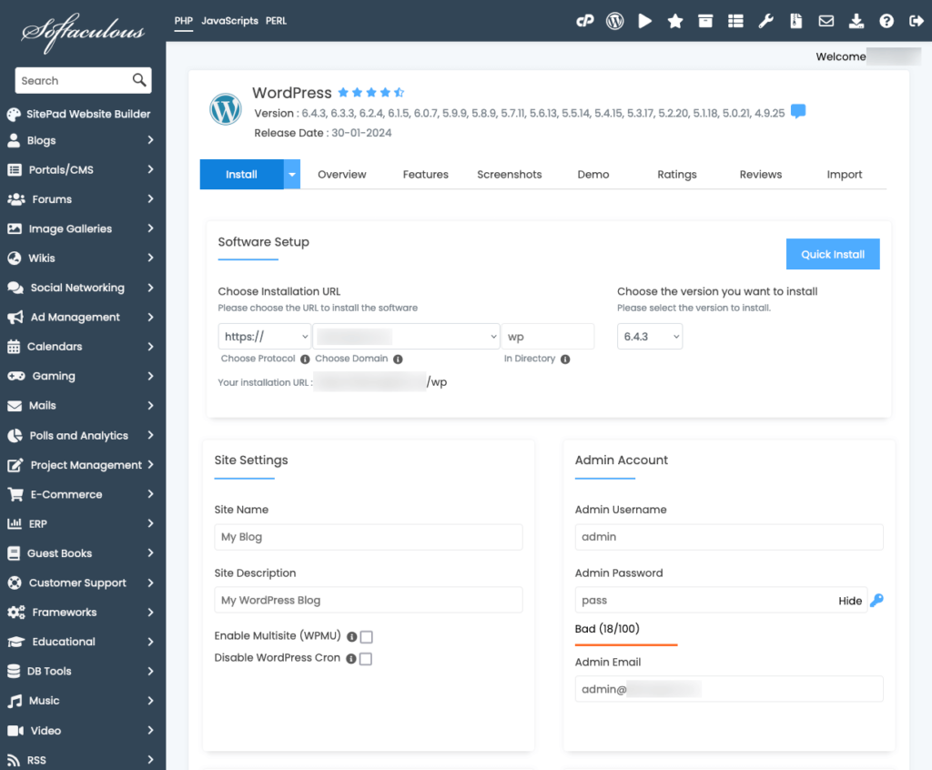 Softaculous WordPress Installer Setup