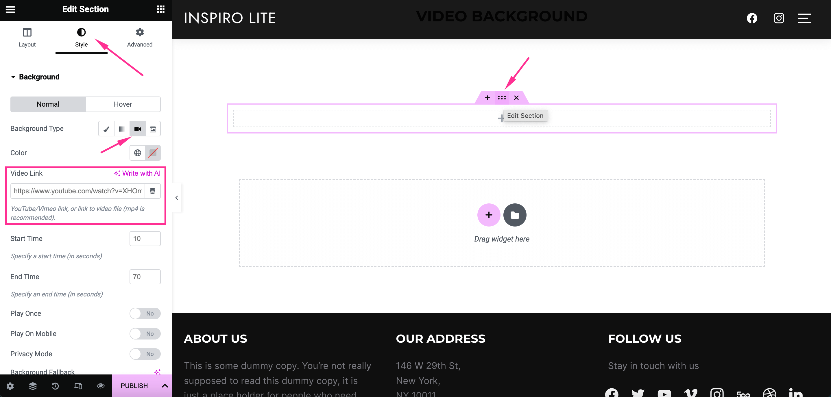 Add the video background link in Elementor