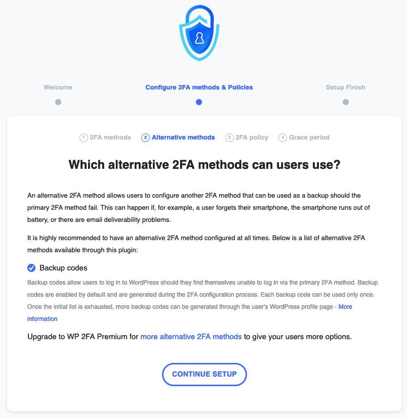 Choose the alternative 2FA method in WP 2FA plugin