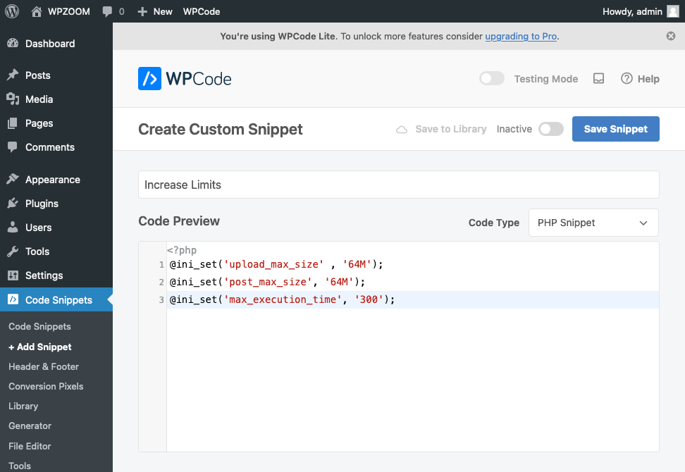 WPCode - snippet settings