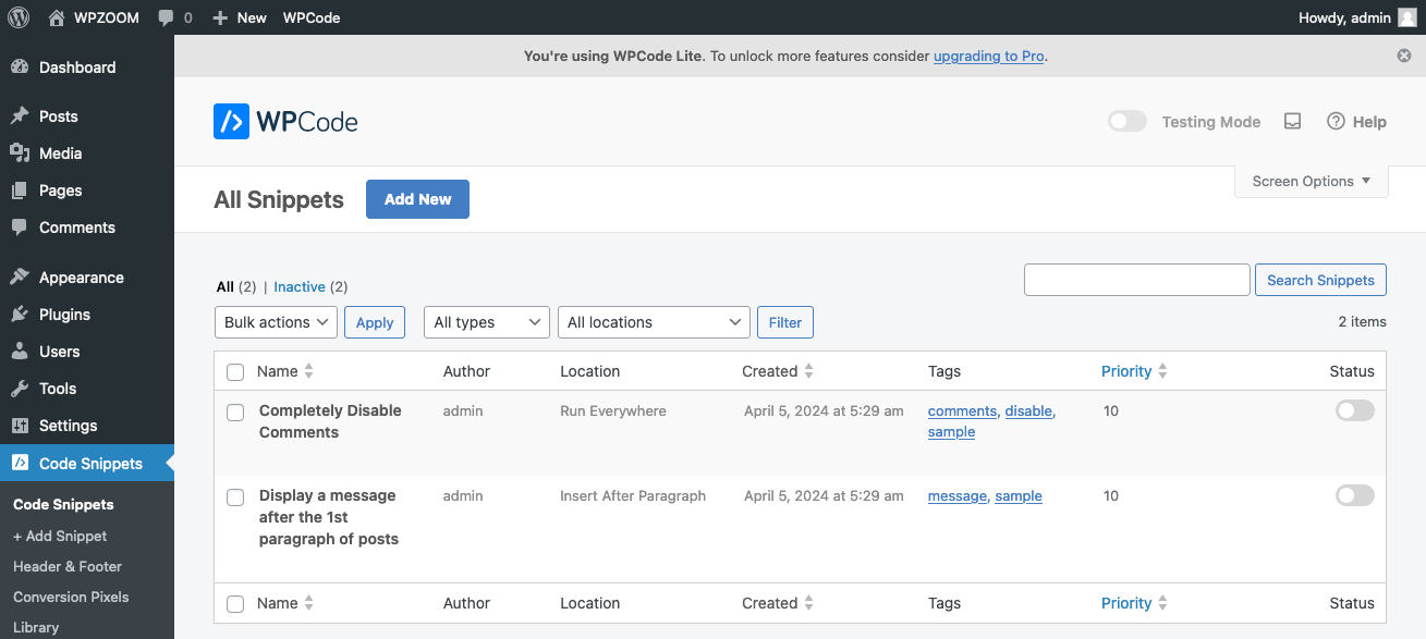 WPCode Snippets