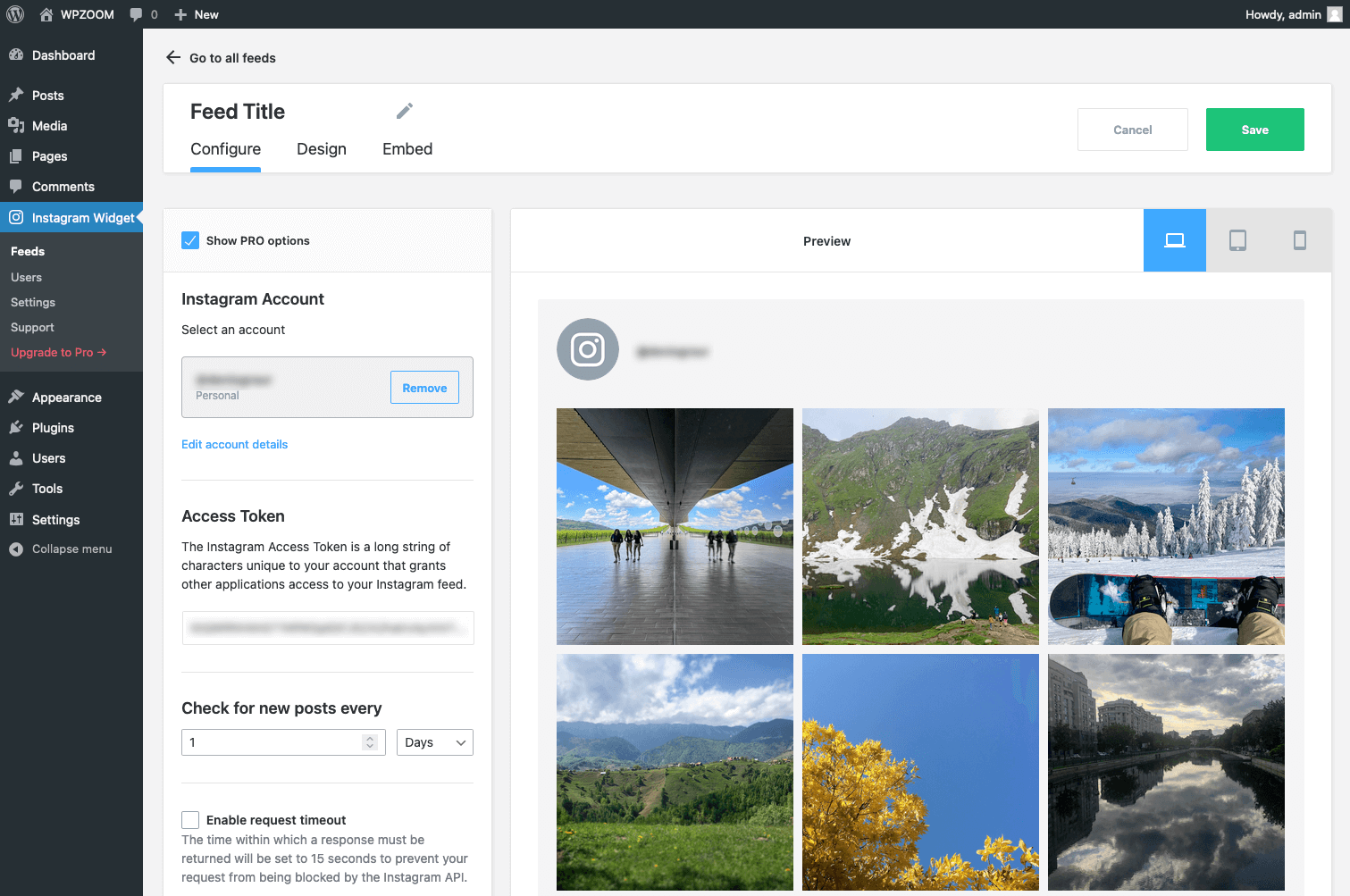 WPZOOM Social Feed Widget & Block - settings