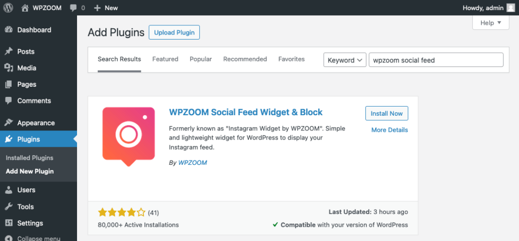 Install the WPZOOM Social Feed Widget & Block plugin